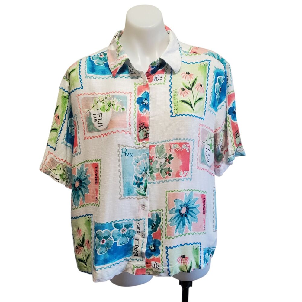Jane And Delancey Summer Stamp Print Blouse Linen Travel Button Shirt Floral L